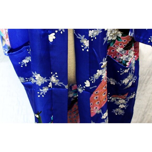 Blue Satin Japanese Kimono Style Floral Peacock Womens M Short Tie Robe - Picture 3 of 12